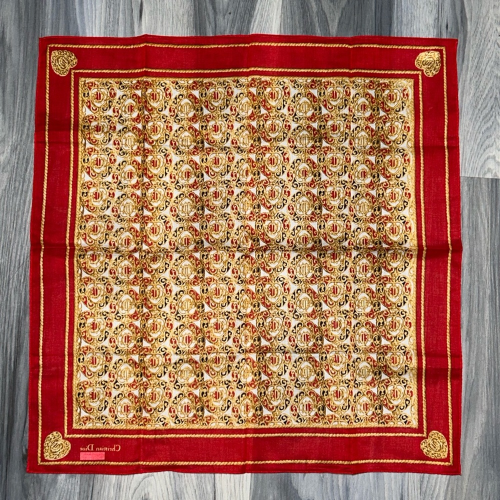 Vintage Christian Dior Red & Gold Cotton Handkerchief - Picture 11 of 11